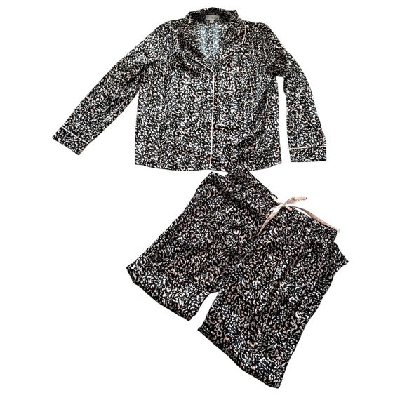 Como Sleep Button Up Shirt Pants Pajama Set Women's Large Black Animal Print - Picture 1 of 3